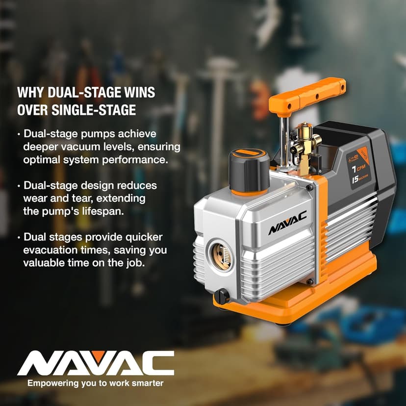 NAVAC Dual-Stage HVAC Vacuum Pump – AC Motor with Forced Oil Circulation, Oil-Mist Filter, 15 Micron Ultimate Vacuum, Pro Series