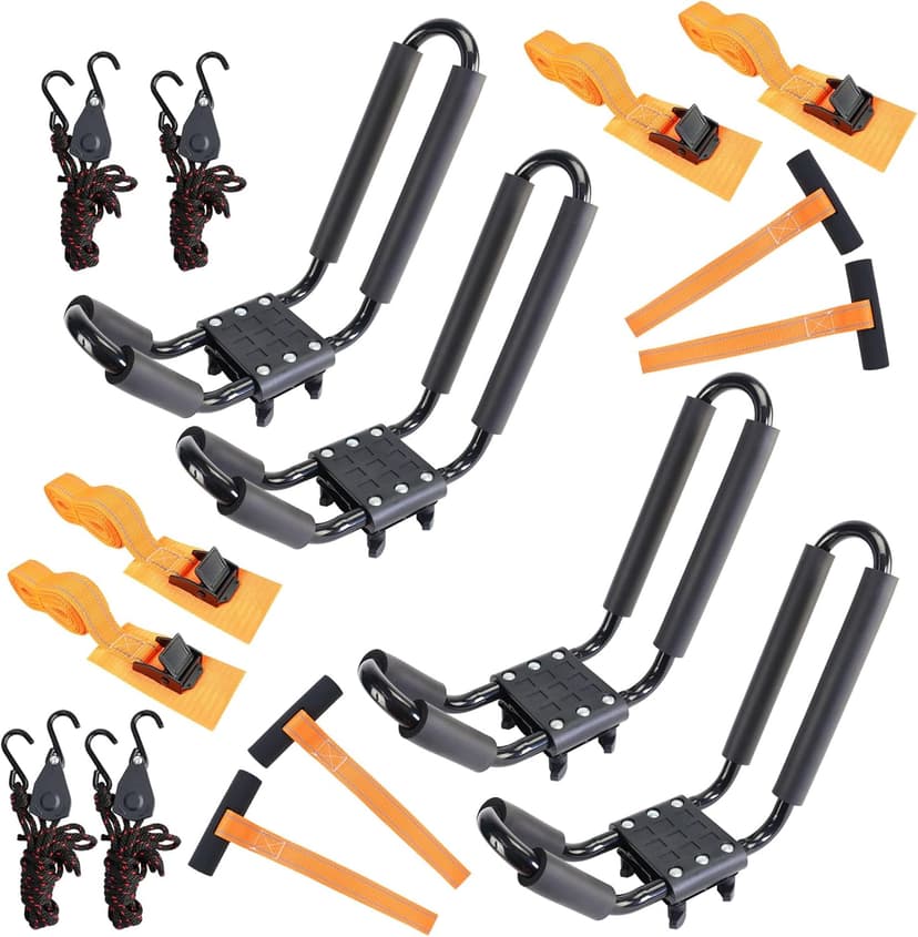 Kayak Roof Rack 2 Pairs Heavy Duty J-Bar Carrier Holder for Canoe, SUV, Cars, Truck, Surf Ski, Tie-Mount on Car Roof Top Crossbar for Trip - Includes 8 Pcs Ratchet, Set of 4