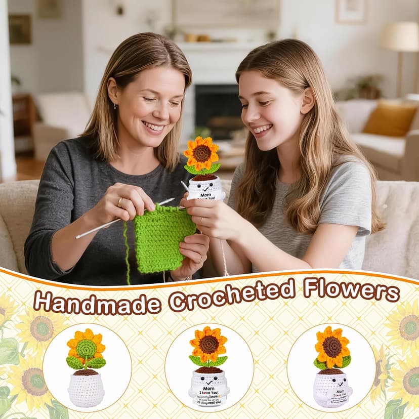 Gifts for Mom, Birthday Gift for Mom, Handmade Crochet Flowers Sunflower for Home Office Desk Decoration, I Love You Gifts for Moms Mama from Daughter Son Kids, Mothers Day, Xmas Present Idea