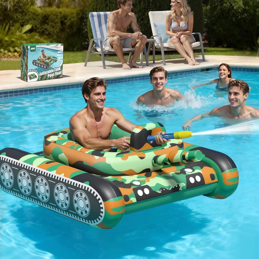 JOSEN Inflatable Tank Pool Float, Swimming Pool Floaties Tank with Water Cannon Gun, Swim Raft Water Battle Fun for Lake, Pool Party, Beach & Backyard for Adults-Green