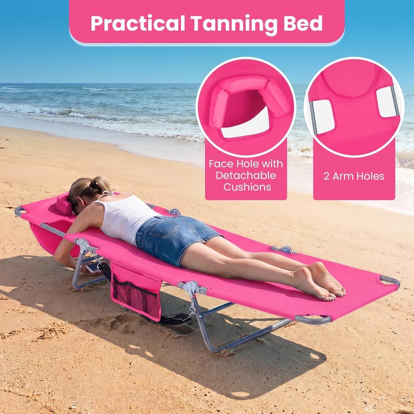 Goplus Tanning Chair, Portable Lightweight 10.5LBS Beach Lounger with Face Arm Holes, Adjustable 5-Position, 330LBS Capacity, Side Pocket, Removable Cushions, Portable Sunbathing Chair for Pool