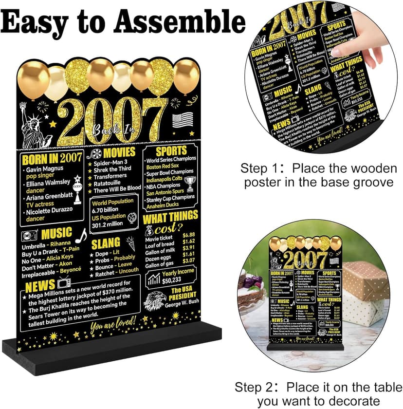 Black Gold 18th Birthday Decorations Gifts for Men Women, Two-Sided Vintage 18 Back in 2007 Theme Poster Wooden Table Sign with Stand, Eighteen Years Old Bday Centerpieces Holder for Table Decor