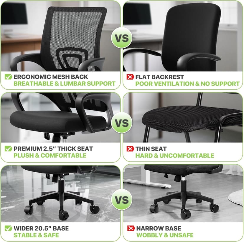 Magshion Ergonomic Office Desk Chair, Mid-Back Mesh Computer Chair, Swivel Chair with Breathable Backrest & Lumbar Support, Adjustable Height for Gaming, Work, Study, 300 Lbs Capacity, Black