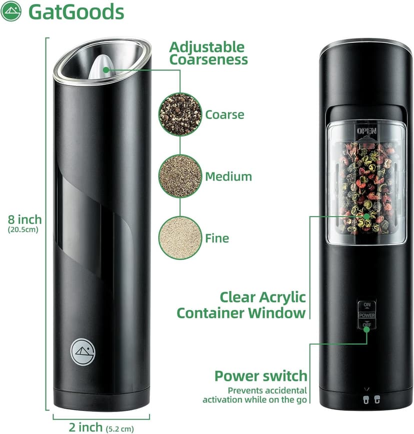 Gravity Electric Salt and Pepper Grinder Set, Adjustable Coarseness, Warm LED Light, One-handed Automatic Operation, Battery Powered, Black, Electric Pepper Mills