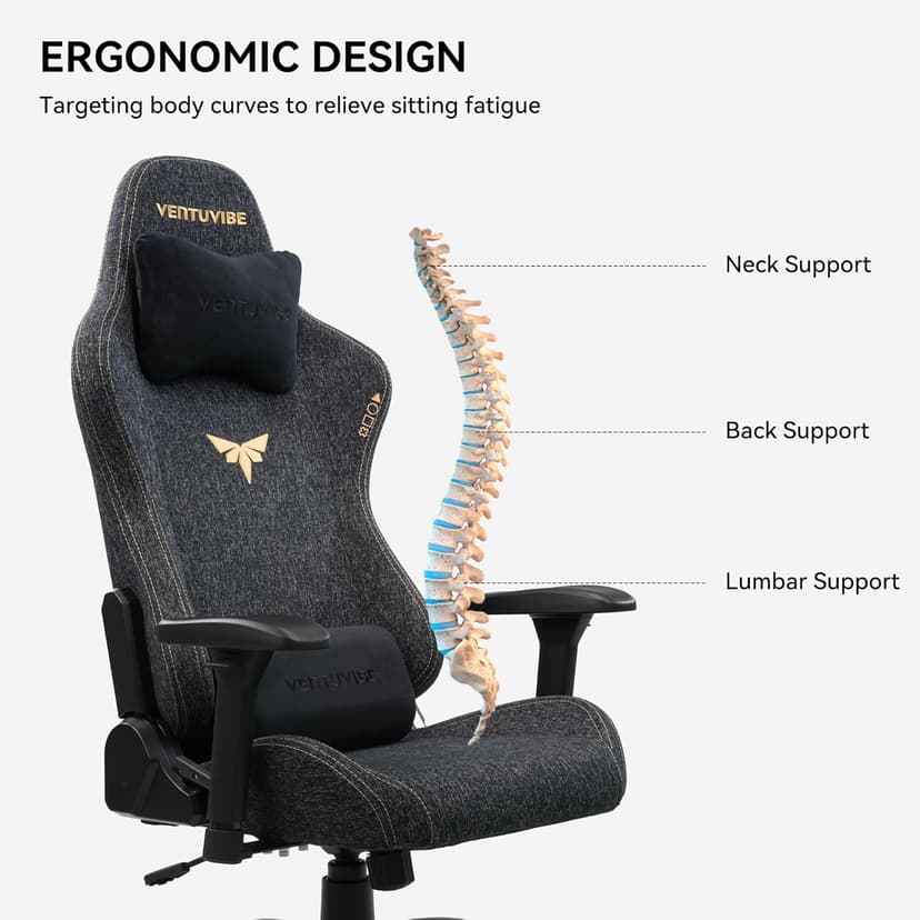 Gaming Chair 4D Adjustable Armrests - 170° Reclining & 320lb Capacity, High Back Ergonomic Computer Chair with Lumbar Support, Fabric Office Chair for Adults (Black)