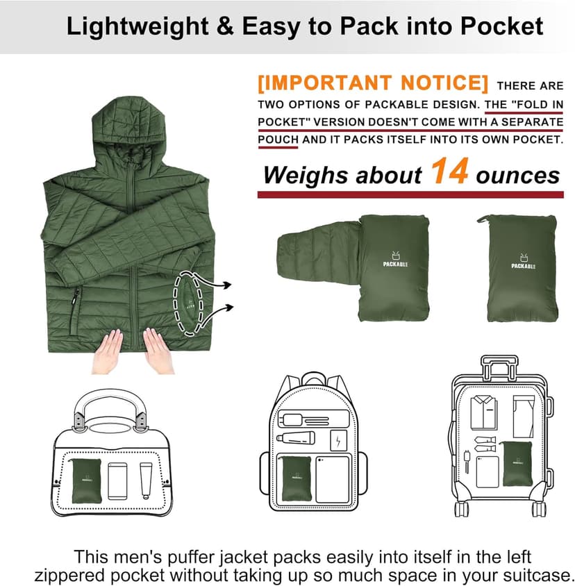 Outdoor Ventures Men's Lightweight Packable Hooded Puffer Jacket Insulated Winter Coat for Snow Ski Traveling