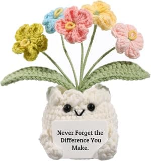 Cute Gifts for Women, Boss Day, Teacher Appreciation, Coworker & Nurse Thank You Gift, Desk Decor, 4.7 In H × 2.4 In W Forget-Me-Not Crochet Flower Potted Plant Gift B0F26ST99P