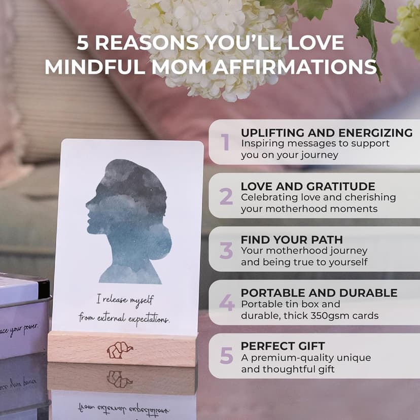 New Mom Affirmation Cards - 50 Postpartum Affirmation Cards for Women - Pregnancy & Self-Care Gifts for New Mom After Birth in Tin Box with Wooden Stand