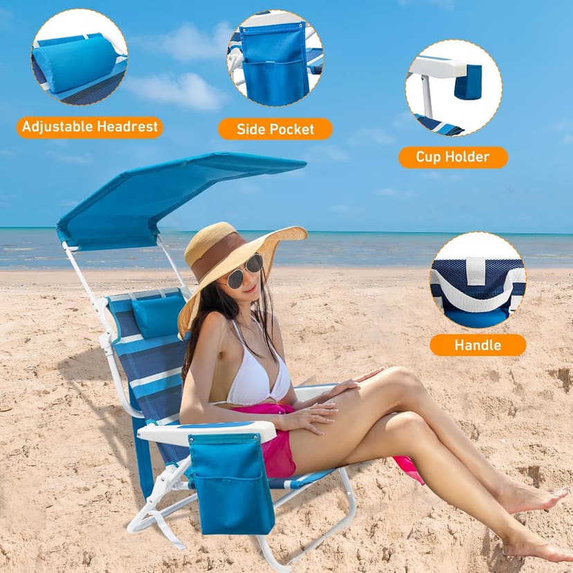 2 Pack Beach Chair with Canopy Shade, 5 Positions Lay Flat Textilene Reclining Beach Chair with Backpack Straps, Cooler Bag & Cup Holder for Outdoor Lawn Camping