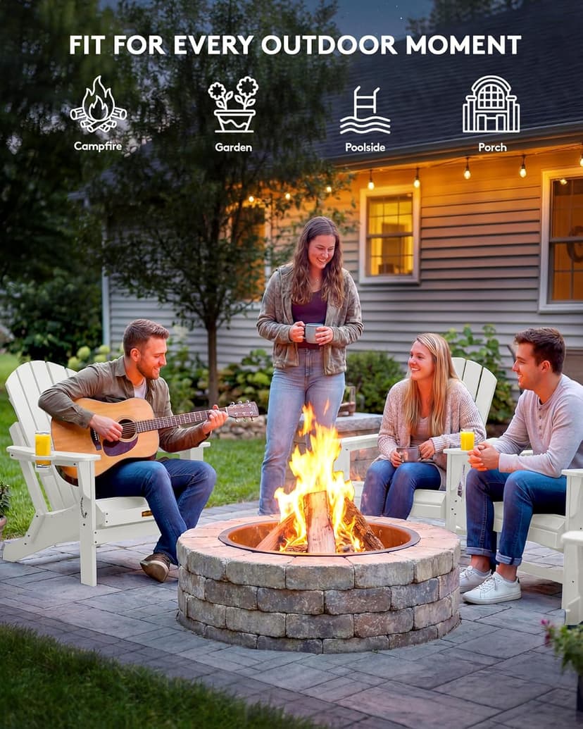 SERWALL Folding Adirondack Chair Set of 2, All Weather Patio Chair with Wood Texture, Fire Pit Chairs for Outdoor - White