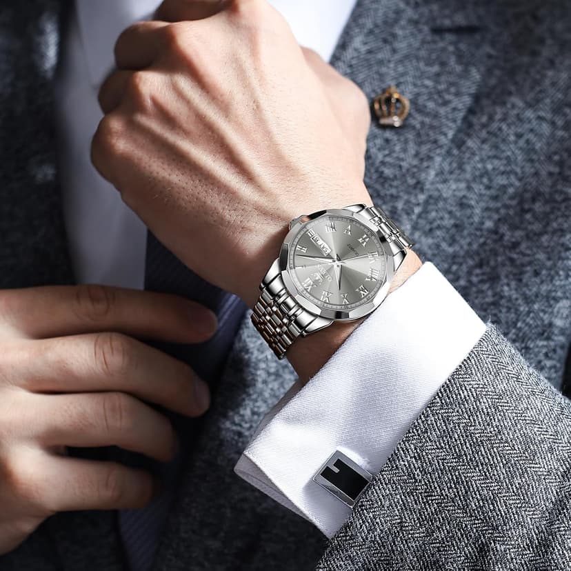 OLEVS Mens Silver Watches Luxury Waterproof Silver Watch for Men Analog Quartz Stainless Steel Men's Dress Watches Classic Casual Wrist Watch Large Face with Date Relojes para Hombres