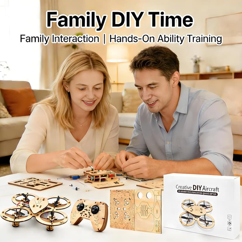 DIY Wooden Drone Model Kit,DIY Wooden RC DroneKit,WoodenBuilding Blocks Flying Toys Assembled Kit,Remote Control Aircraft Training RC DroneQuadcopter,Beginner-Friendly Mini Drone
