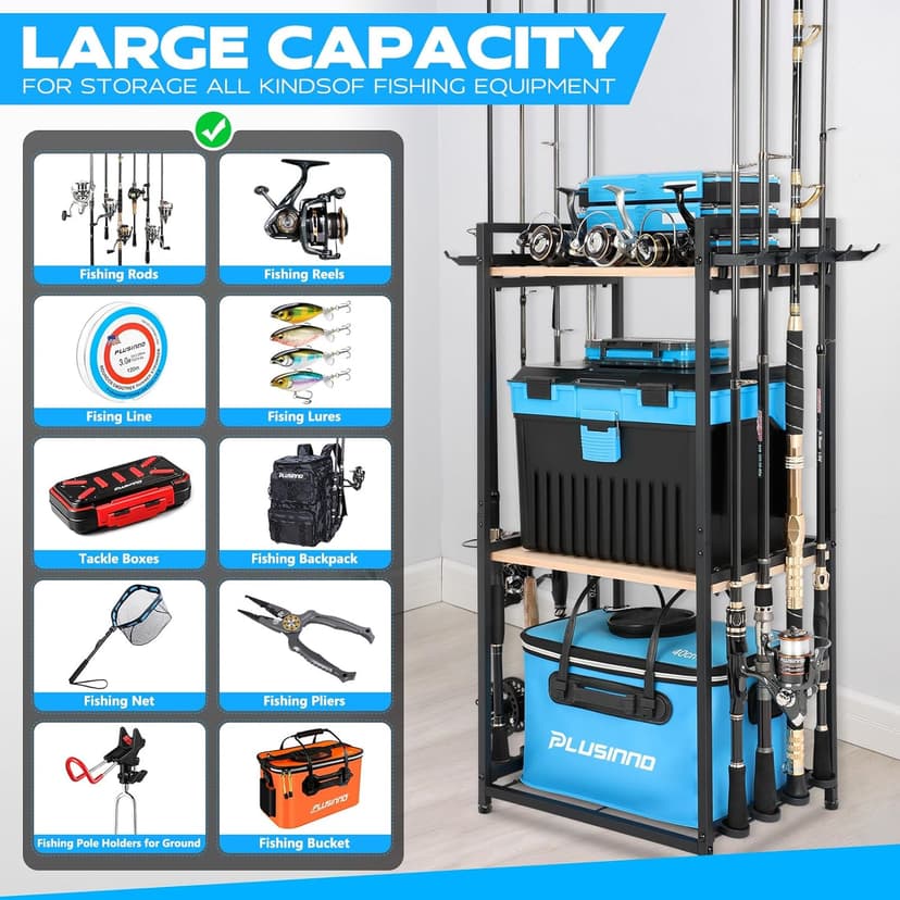 PLUSINNO 3 Tier Fishing Rod Holder, Fishing Pole Holders for Garage, Fishing Rod Rack Fishing Rod Storage Up to 8 Rods, Fishing Gear Tackle Box Fishing Equipment Organizers, Fishing Gifts for Men