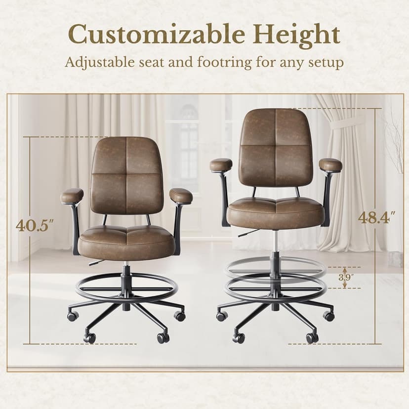 Drafting Executive Chair, Tall Office Chair with Padded Flip-Up Armrests, Mid-Back Cushioned Seat, 360° Swivel Rolling Computer Desk Chair for Standing Desk & Home Office, Vintage Brown
