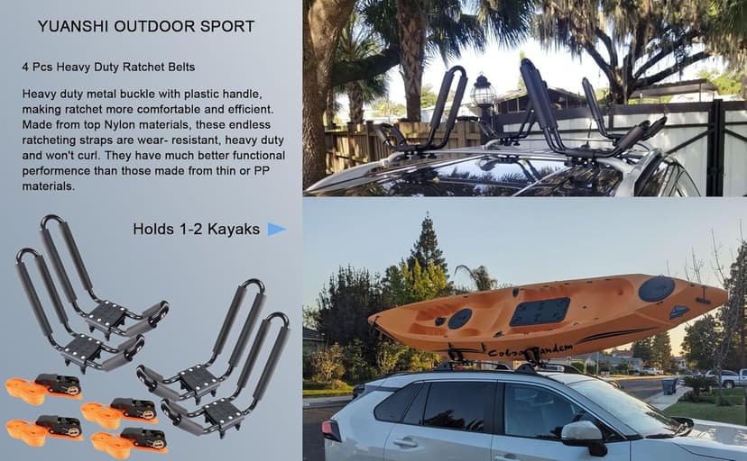 Kayak Roof Rack 2 Pairs Heavy Duty J-Bar Carrier Holder for Canoe, SUV, Cars, Truck, Surf Ski, Tie-Mount on Car Roof Top Crossbar for Trip - Includes 8 Pcs Ratchet, Set of 4