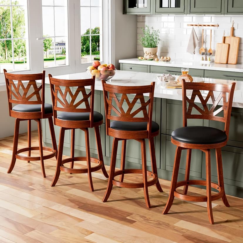 Swivel Barstools Set of 4, Farmhouse 24" Counter Height Bar Stools with Backs, Lotus Pattern Carved Bar Chair with Solid Wood Legs & Footrest for Kitchen Island, Home Bar, Pub. Brown