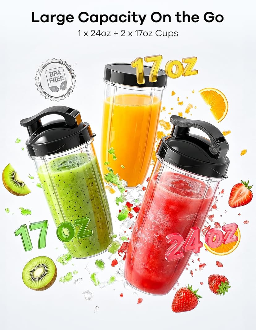 With 3 Portable Cups (1*24oz & 2*17oz), Peak Power 900W Single Serve Smoothie Maker for Kitchen, BPA-Free, Nutritious Recipe Ganiza Smoothie Blender, 14Pcs Portable Personal Blender Shakes & Smoothies B0DJM4QW9B