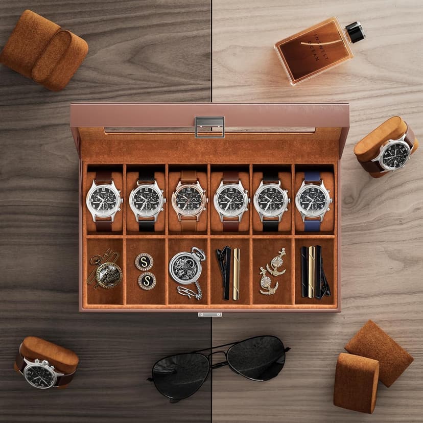ProCase ProCase Watch Box Organizer, 12 Slot Watch Display Case With Glass Lid, Watch Storage Holder Mens Watch Case, Anniversary Birthday Valentine Gifts for Men Women -12 Slot, Brown