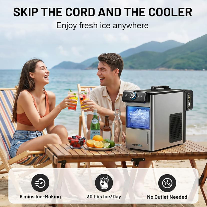 Cordless Rechargeable Battery Powered Ice Maker, 30Lbs/24H Portable Countertop Ice Machine with 2 × 20V Max 7.8Ah Battery and Charger, Self-Cleaning, 5.5H Max Runtime, Stainless Steel