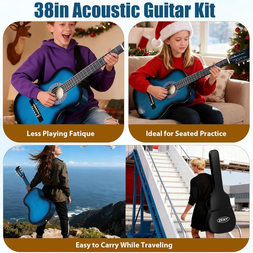 ZENY 38 inch Acoustic Guitar Full Size Beginners Package Kit for Right-handed Starters Kids Music Lovers w/Case, Strap, Pitch Pipe and Pick (Blue)