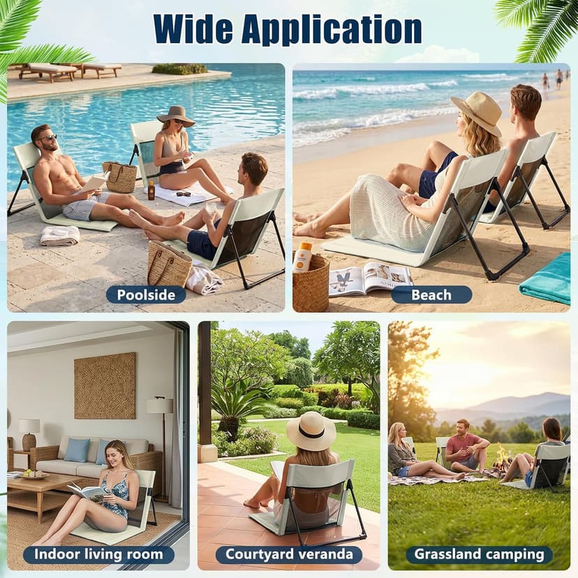 Foldable Poolside Chairs, 2 Pack Lightweight Portable Beach Chairs with Back Support for Adults, Compact Folding Pool Edge Chair for Outdoor Camping Picnic Beach, Light Beige
