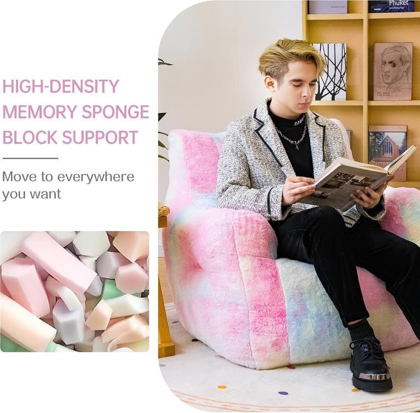 Bean Bag Chair with Filling, Faux Fur Comfy BeanBag Chairs for Teens, Adults, Bedroom, Living Room, Reading - Rainbow