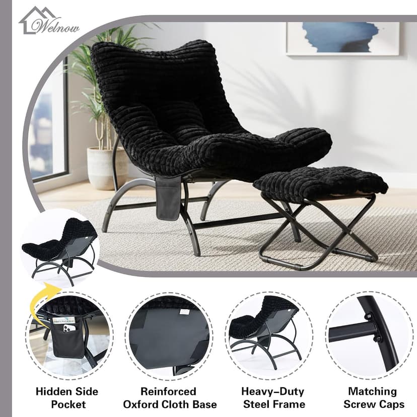 Welnow Black Lazy Chair with Ottoman, Oversized Reading Chair for Adults, Soft Padded Lounge Accent Chair for Living Room, Bedroom, Comfortable Reclining Leisure Chair with Side Pocket