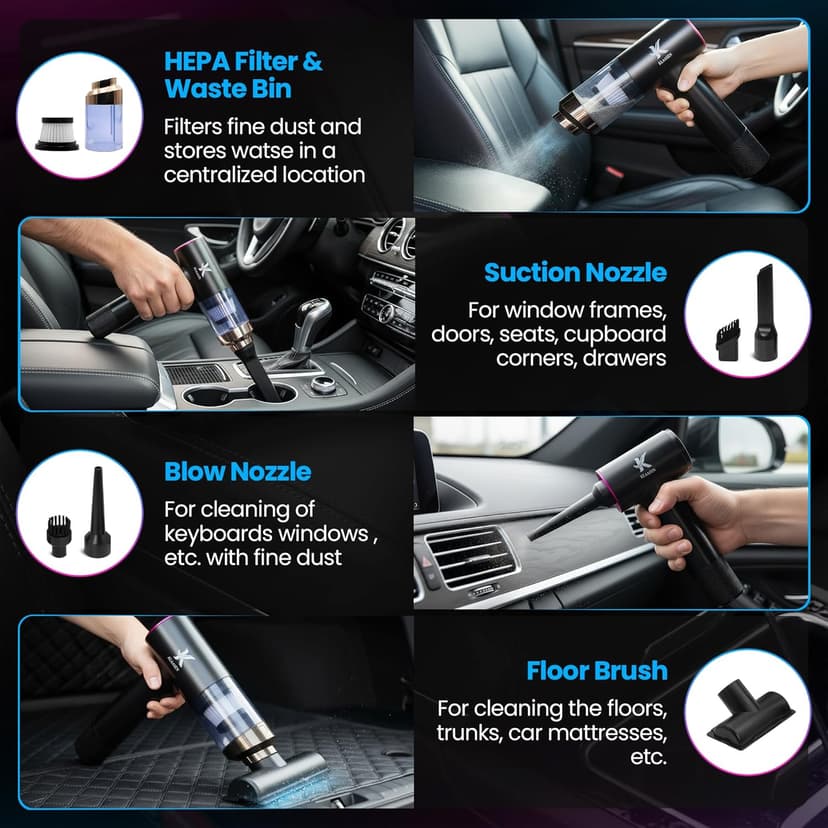 Handheld Car Vacuum Cleaner, Dual Suction 7.5K & 12k Pa, Portable Mini | Blower, Inflator, Deflator and Dustbuster for Car, Home, Kitchen & Office | Black Color