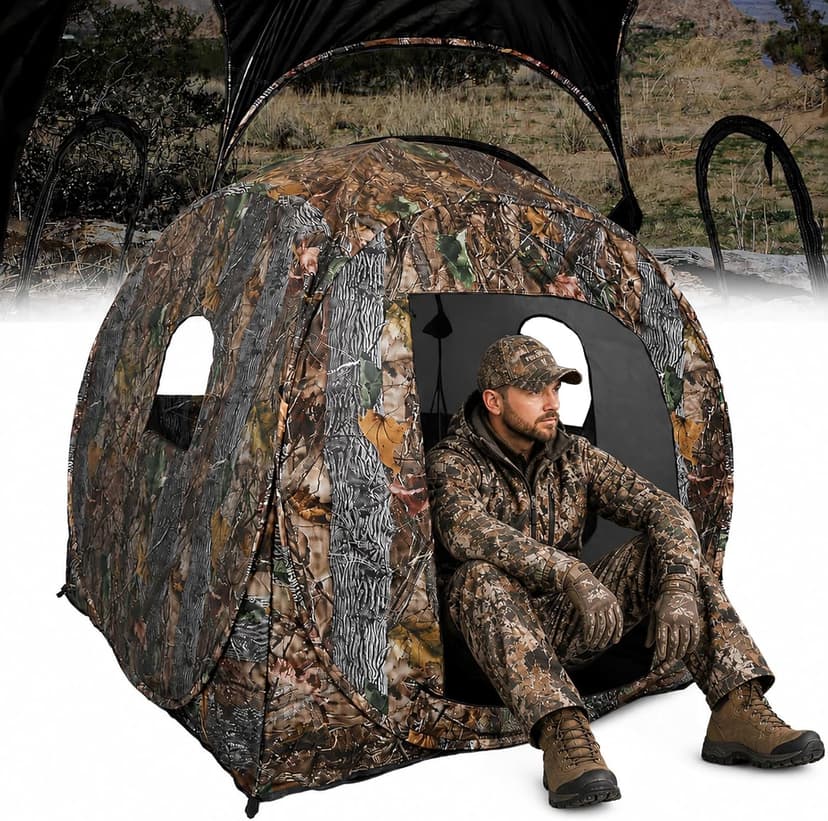 FUNHORUN Hunting Blind 360 Degree See Through with Floor Mat, 2/3 Person Ground Blind, Quick Set Pop Up Tent, Spring Steel Camouflage Tent for Deer and Turkey
