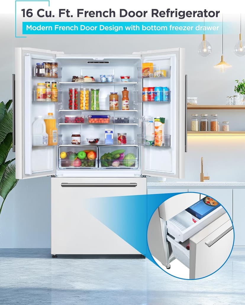 BLACK+DECKER 16 Cu. Ft. French Door Refrigerator with Built-in Ice Maker, Full Size Refrigerator with Bottom Mount Freezer Drawer, ENERGY STAR certified, White