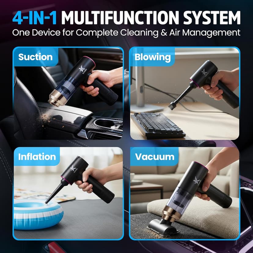 Handheld Car Vacuum Cleaner, Dual Suction 7.5K & 12k Pa, Portable Mini | Blower, Inflator, Deflator and Dustbuster for Car, Home, Kitchen & Office | Black Color