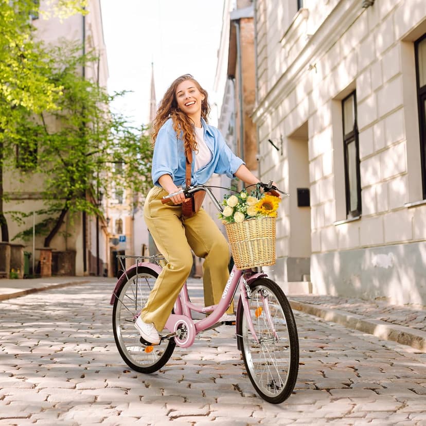 Beach Cruiser Bike for Adult, 24 & 26 Inch Comfort Bikes with Rattan Front Basket, Womens Bicycle with Adjustable Seat and Dual V-Brake (Pink & White & Green & Purple & Black)