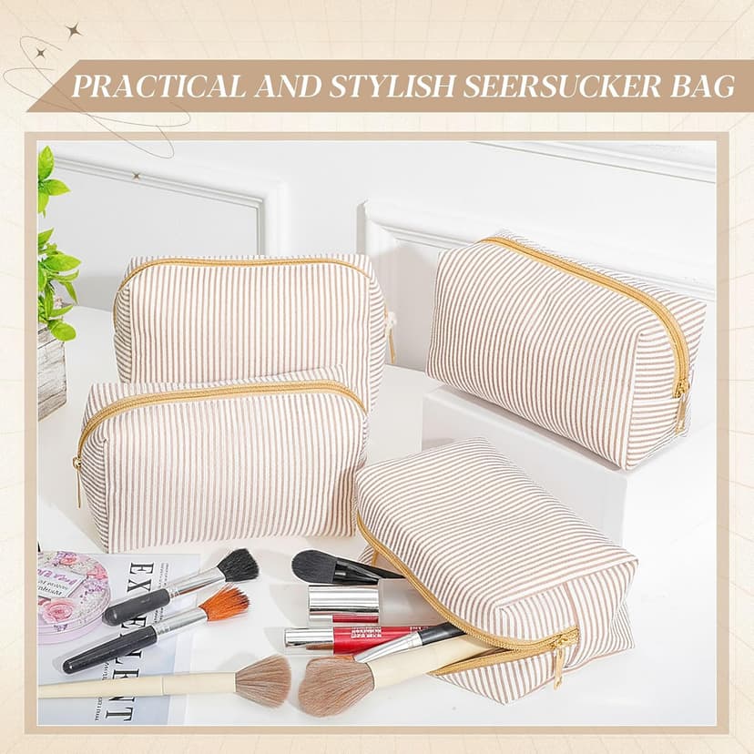 Makeup Bags Women Pouch, Large Preppy Storage Toiletry Travel Pouch for Wedding Bridesmaid Bride Favor Back to Teacher Gift Sanwuta 6 Pcs Seersucker Cosmetic Bags Bulk, Striped Zippered,Khaki B0FXMF4P4J