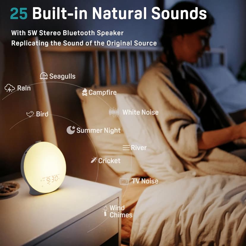 Sunrise Alarm Clock White Noise Sound Machine with 25 Soothing Sounds, 17 NightLights, Bluetooth Speaker Wake Up Light Alarm Clock for Bedrooms, Heavy Sleepers, Baby, Kids, Adults, Seniors, Ideal Gift