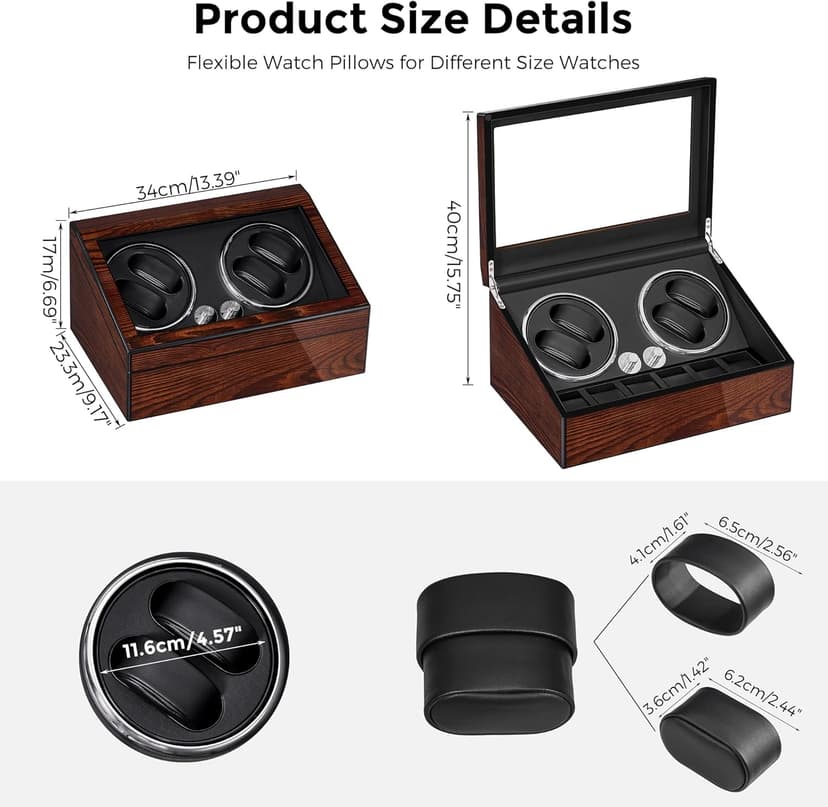 BEWISHOME BEWISHOME Watch Winders for Automatic Watches, Automatic Watch Winder Box Watch Spinner with LED Light, 4 Watch Winder with Quiet Running Motor and 6 Storage Case for Man/Woman's Watches, Brown SYQ01Y