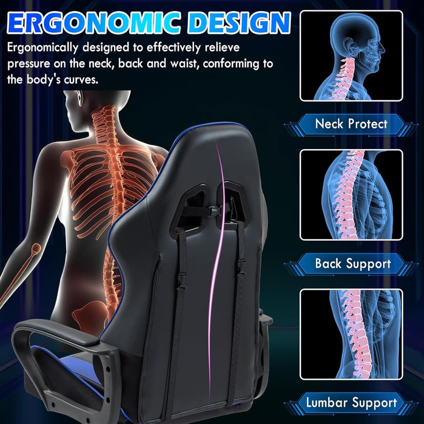 ECOTOUGE Gaming Chair, Ergonomic Video Game Chair with Massage Lumbar Support & Rocking High Back, 360° Swivel Computer Gamer Chair for Gaming or Office, Height Adjustable, Blue