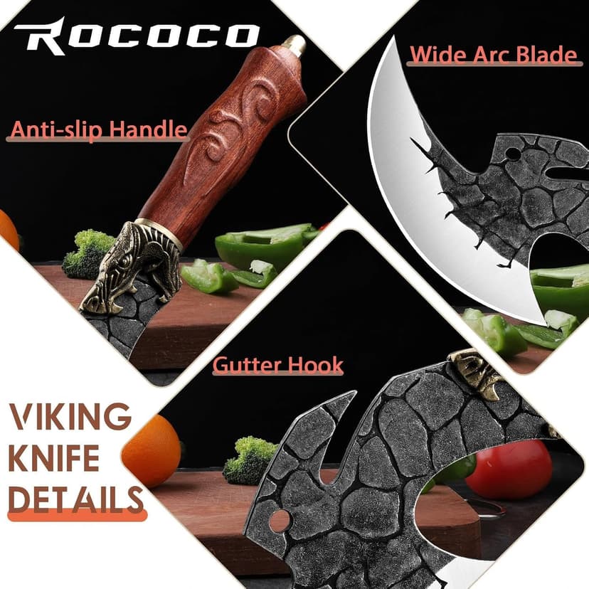 ROCOCO Viking Cleaver Knife Butcher Meat Cutting Boning Knife Hand Forged Chinese Kitchen Axe with Sheath Home Outdoor BBQ Camping Chirstmas Birthday Chirstmas Mother Father Gift Men