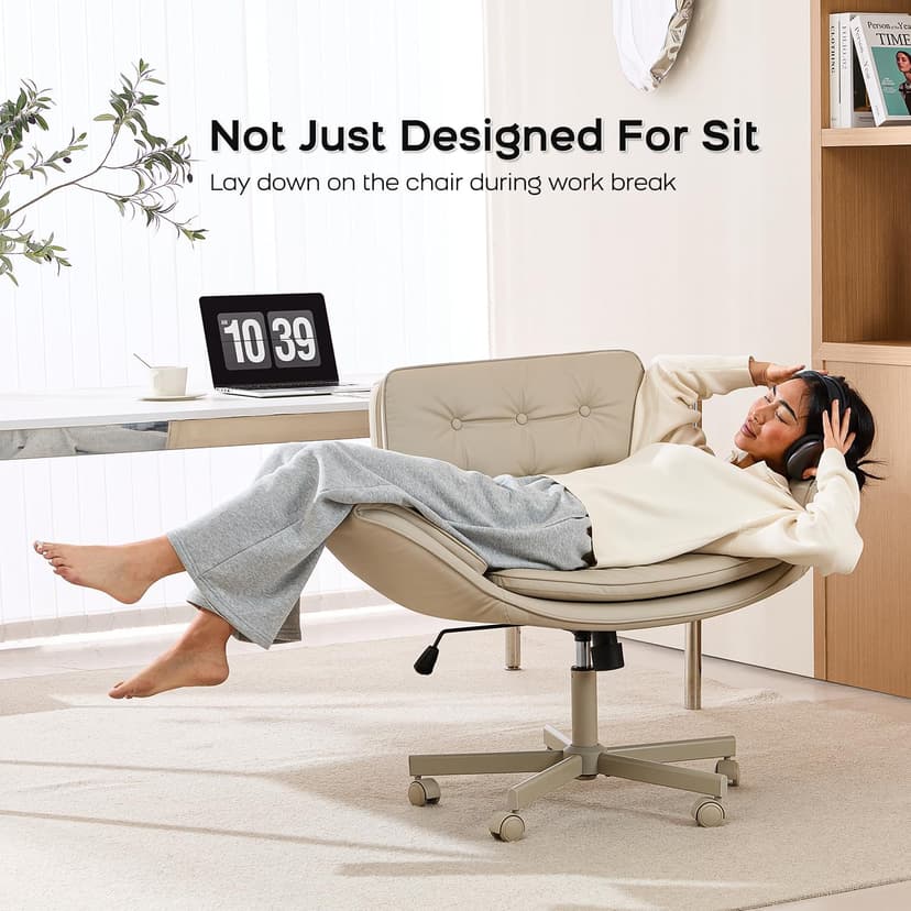 amseatec Criss Cross Office Chair, PU Leather Vanity Chair with 5-Level Adjustable Armrests & Swivel, Ergonomic Criss Cross Chair for Home Office Bedroom Makeup（Cream）