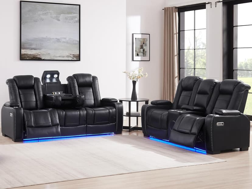 THSUPER Black Leather Power Recliner Sofa Loveseat Sets with Arm Storage and Power Headrest, Leather Living Room Reclining Sofa and Loveseat Set with Cup Holders and Bluetooth Speaker. | Breathable material, LED ambient light, Reading light, Hidden outlet, USB and Type-C port