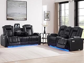 THSUPER Black Leather Power Recliner Sofa Loveseat Sets with Arm Storage and Power Headrest, Leather Living Room Reclining Sofa and Loveseat Set with Cup Holders and Bluetooth Speaker. | Breathable material, LED ambient light, Reading light, Hidden outlet, USB and Type-C port