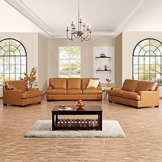 Naomi Home Genuine Leather 3-Piece Living Room Set – Loveseat, Accent Chair & Sofa with Goose Feather Cushion Filling, Square Arm Design, Sturdy Legs, Ideal for Living Room, Office, or Bedroom, Tan