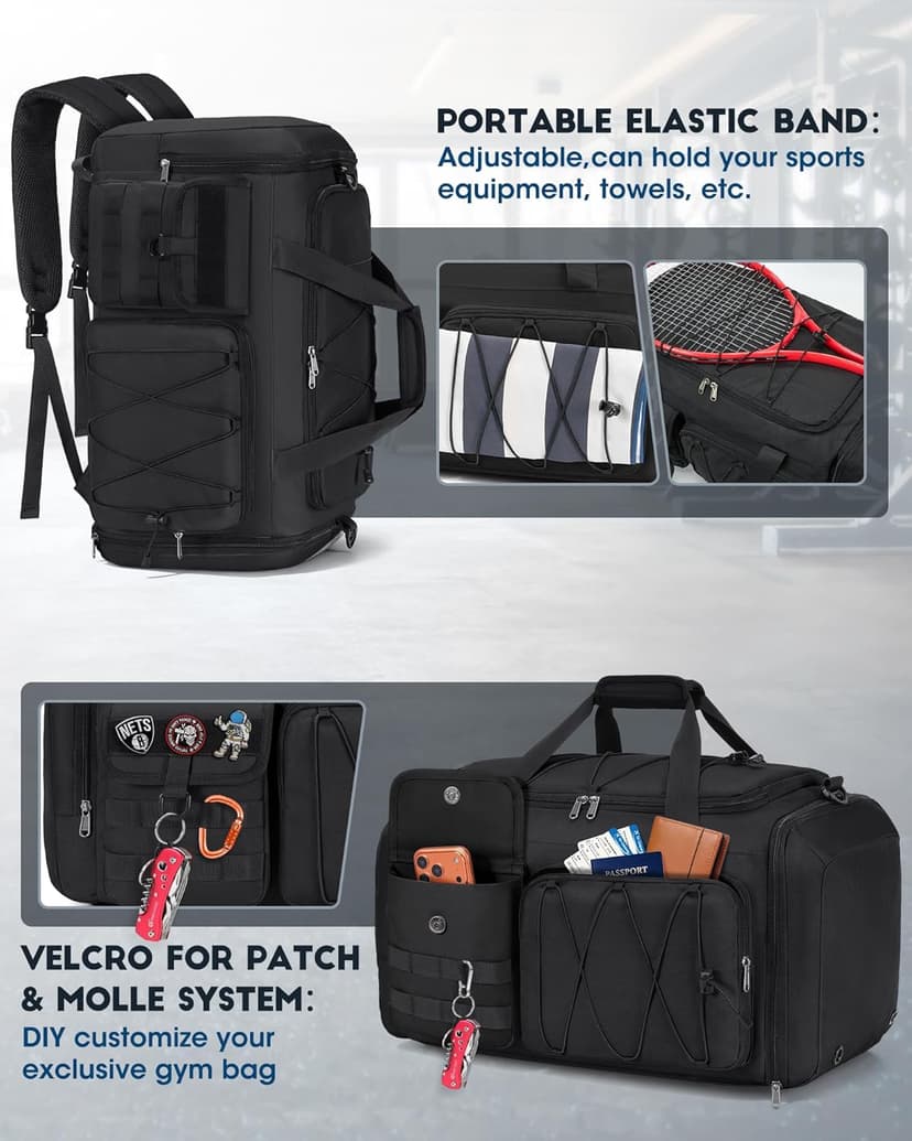 SDYSM Gym Bag for Men 45L Sports Duffel Bags 3-in-1 Travel Duffel Bag with Shoe Compartment, Gym Workout Backpack Carry On Weekender Bag Overnight Bag for Travel, Black