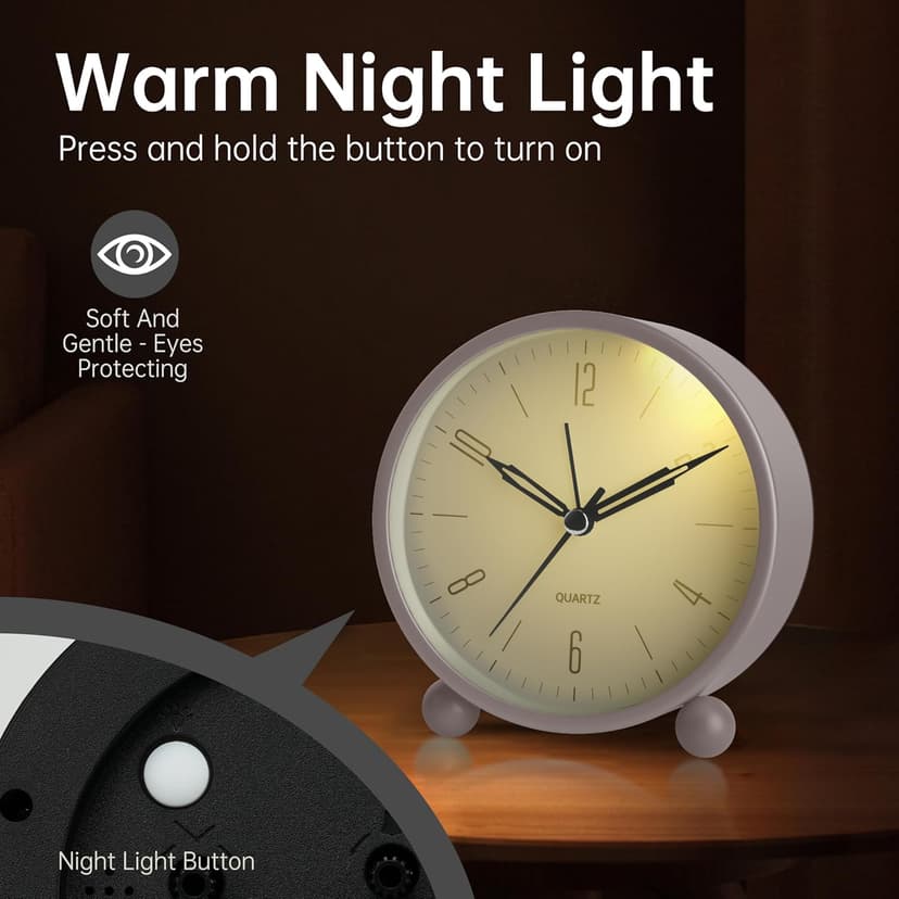 Analog Alarm Clock, 4 inch Super Silent Non Ticking Small Clock with Night Light, Battery Operated, Simple Design, Old Fashioned Style Cream Decor, for Bedroom, Bedside, Desk, Adult, Kid, Gift, White