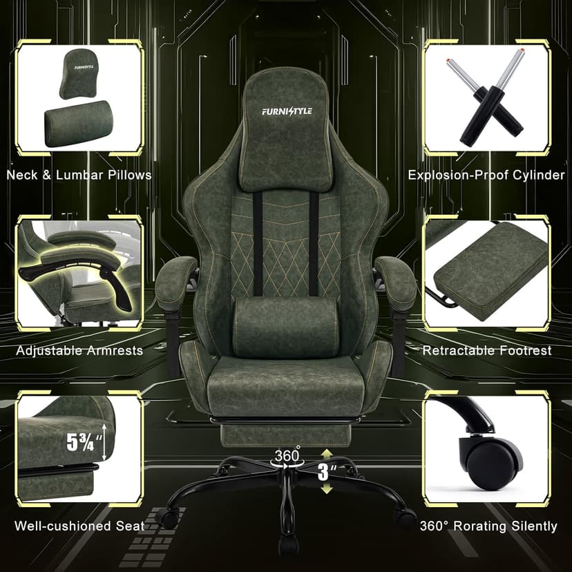 Gaming Chair Big and Tall, Green Leather Video Game Chairs with Footrest, Padded Linkage Armrests & Large Headrest, Ergonomic Computer Chair 350lbs for Adults Gaming or Office Use