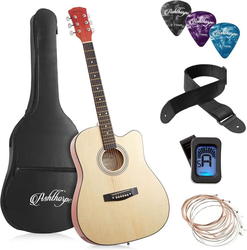 Ashthorpe 41-inch Beginner Cutaway Acoustic Guitar Package (Natural), Full Size Basic Starter Kit w/Gig Bag, Strings, Strap, Tuner, Picks