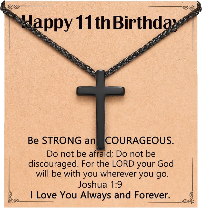 Happy Birthday Gifts for Boys 8-18 Years Old, Black Cross Necklace with Bible Verse Joshua 1:9 for Son, Grandson, Nephew, Friend