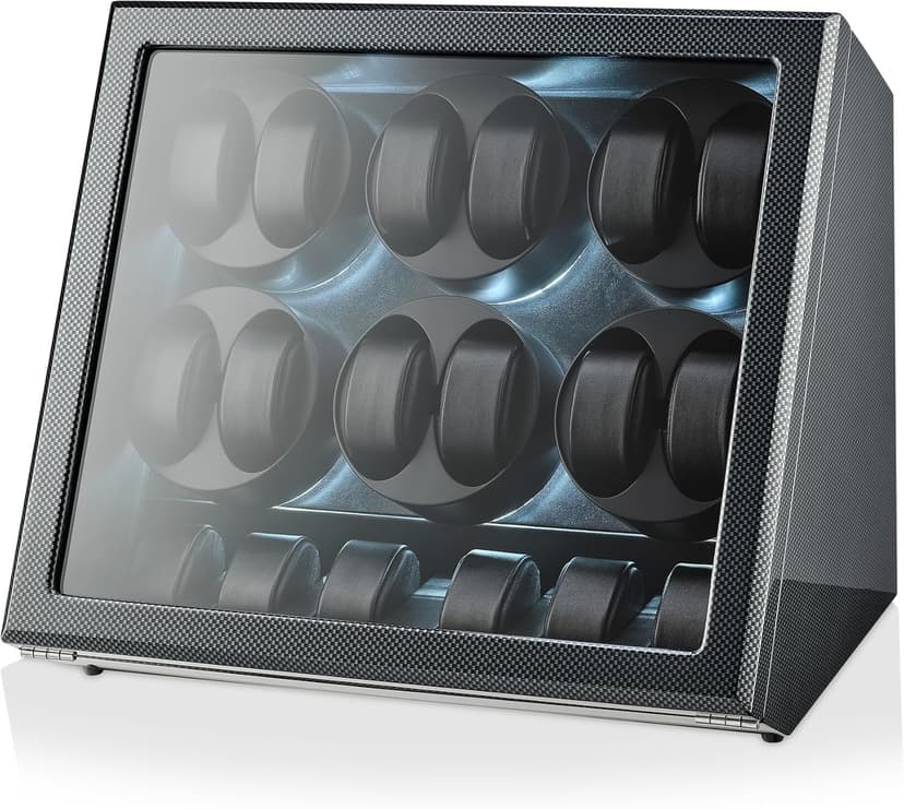 TIMECUBE 12 Watch Winder with 6 Storage Slots, LED Light and Automatic Motor-Stop (Carbon)