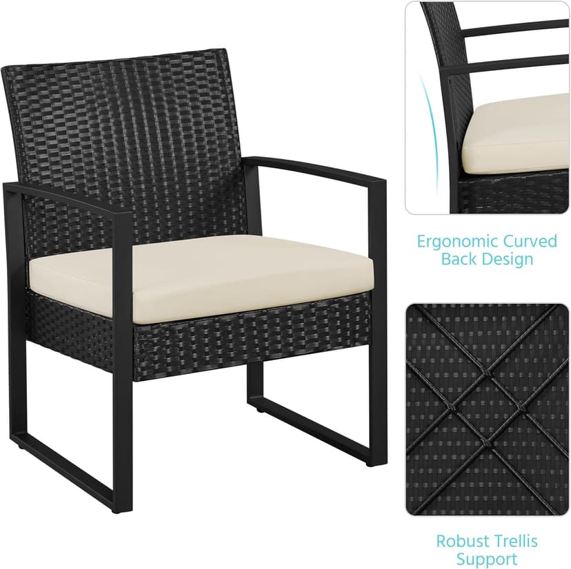 Yaheetech 3 Pieces Rattan Bistro Set, Outdoor Wicker Patio Modern Conversation Furniture, 2 Chairs & Tempered Glass Coffee Table for Garden, Balcony, Backyard, Poolside, Black/Beige