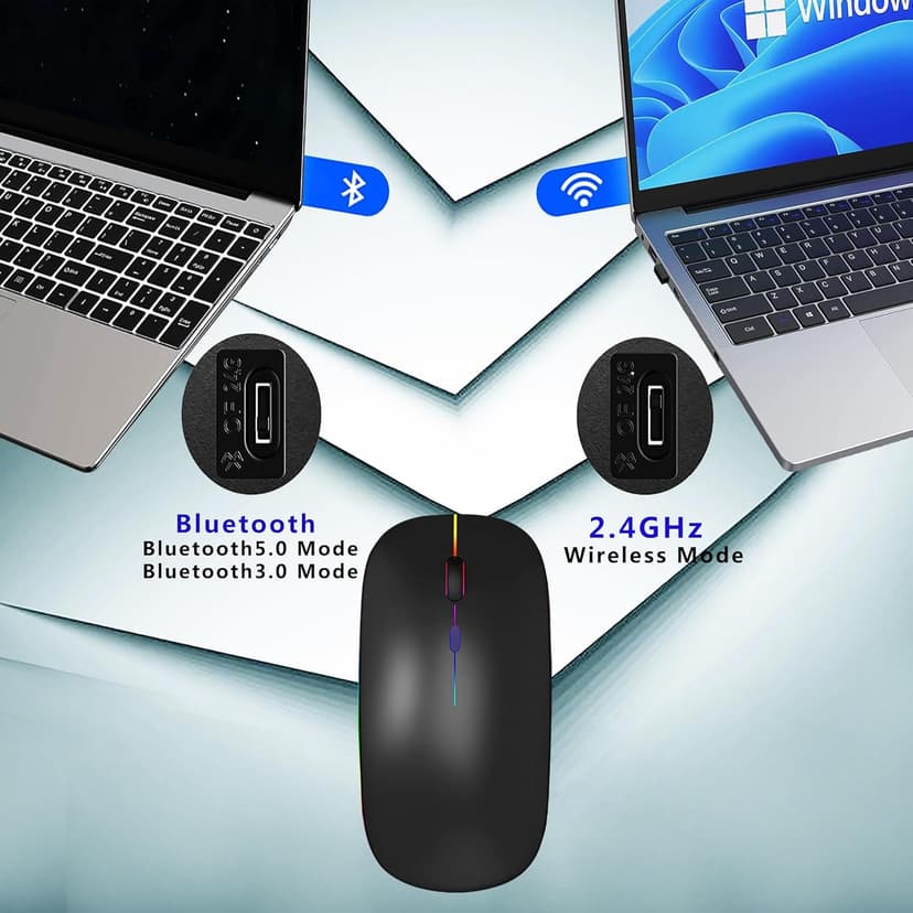 WREANU Wireless Bluetooth Mouse Rechargeable Laptop Mice with LED Lights Silent Slim Use(BT5.2 and 2.4G Portable USB) Dual Mode Computer Mouse for Laptop/iPad/Tablet/Apple/Computer/Mac (Black)