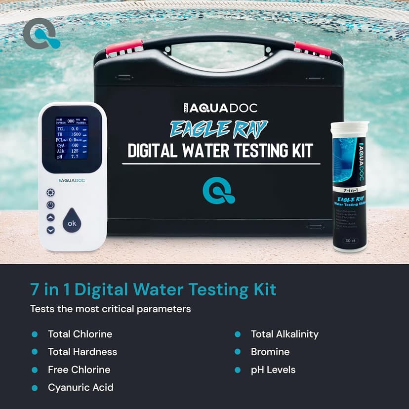 Eagle Ray Digital Water Testing Kit for Spa & Pool - Digital Hot Tub Water Tester by AquaDoc with Analyzer & Hot Tub Test Strips for Chlorine, Bromine, Total Hardness, pH and More